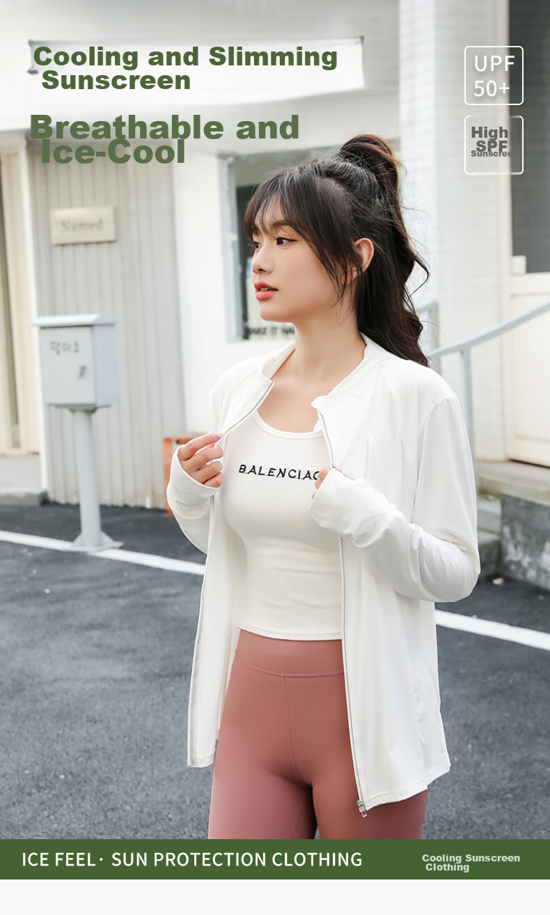 LangSha Ice Silk Sun Protection Clothing for Women, Summer 2024 Outdoor Sports Sun Protection Breathable Cool-Feeling Slim-Fit Cardigan Stand Collar Top Outerwear 1
