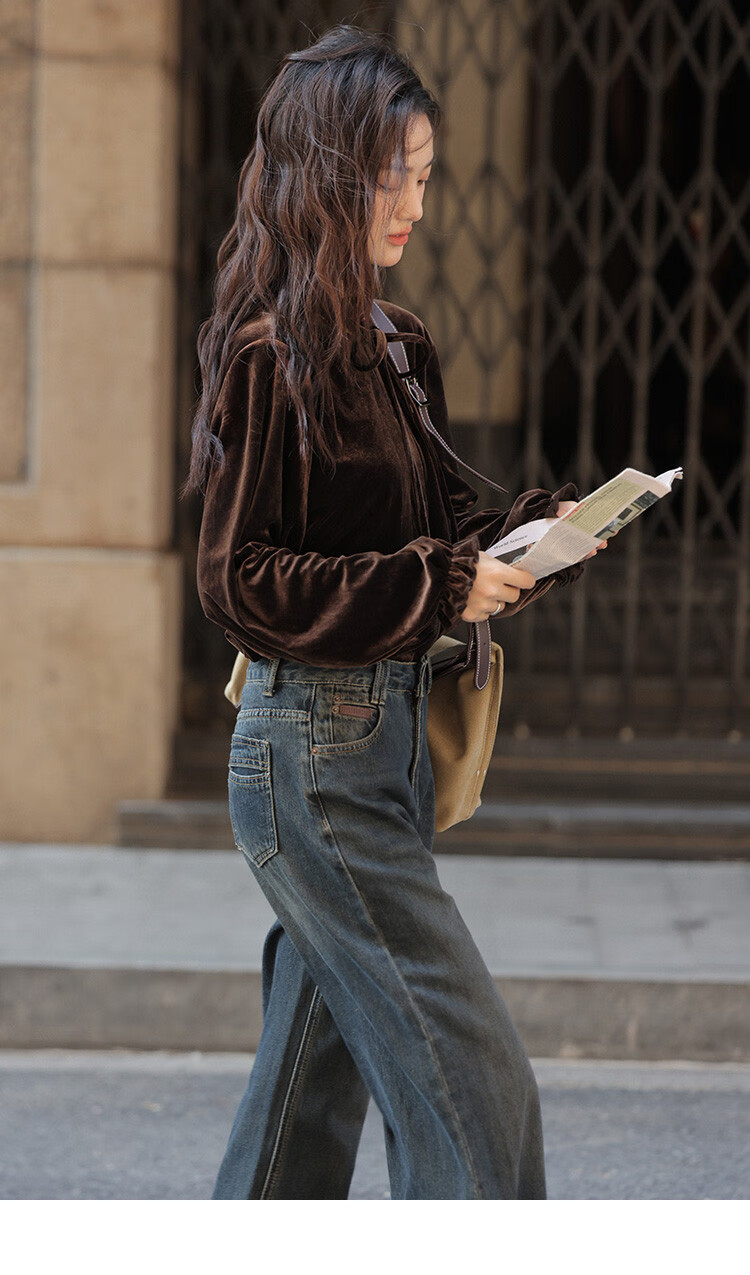 Dme [Retro Elegant Brown Shirt], Spring And Autumn Style, Silk Ribbon Collar, Velvet Blouse for Wome 17