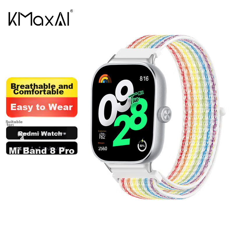 KMaxAI Compatible Braided Watch Strap for Xiaomi Mi Band 6/5/4, Xiaomi Mi Band 10/9/8 Pro Sports Watch Strap, Nylon Loop Velcro Dopamine Wristband, Rainbow