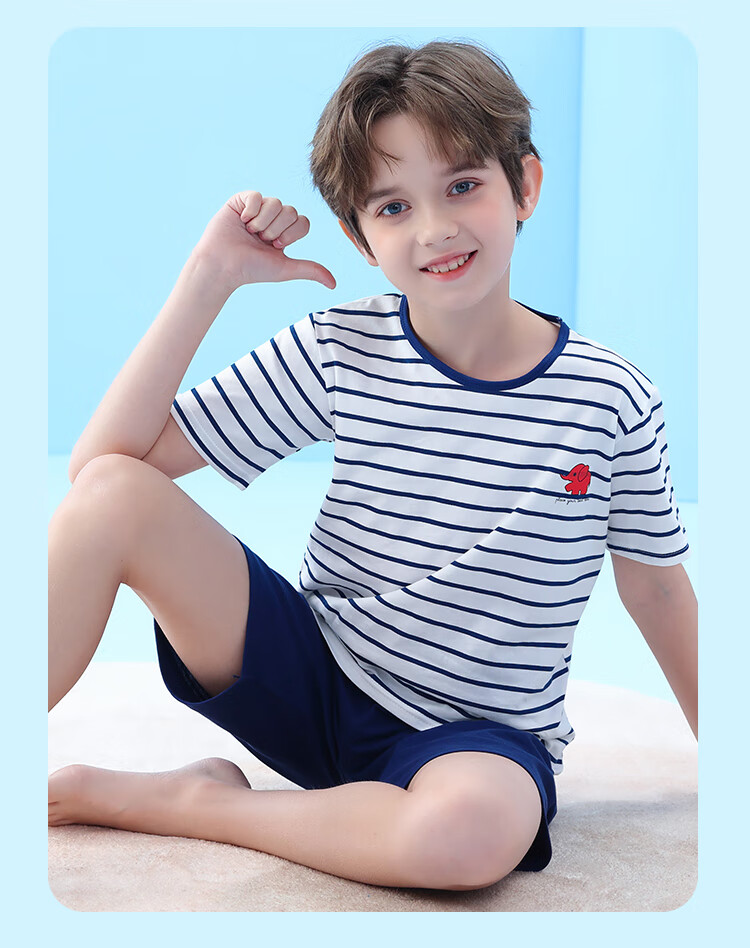 LangSha Children's Pajamas for Boys, Summer Thin Style, Youth Short-Sleeve Shorts, Student Pure Cotton Home Wear Set, Size 160 11