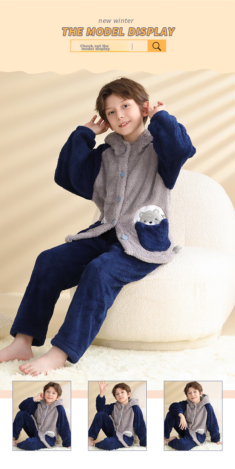 LangSha [Long Plush] Children's Pajamas, Boys' Home Wear Set, Autumn And Winter Style, Thickened Warm Baby Home Wear Set 8