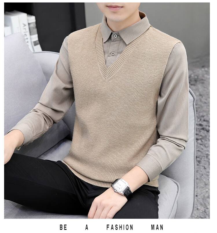 JEEP SPIRIT Men's Sweater Shirt Collar Autumn Winter Knitted Fake Two-Piece Casual Loose Trendy Jacket 2