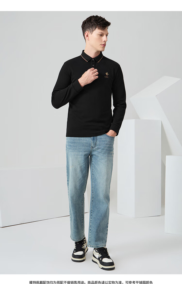 DANCING WOLVES Fleece-Lined Autumn Winter Basic Commuter Skin-Friendly Warm Men's Long Sleeve Polo Shirt 001 Black 175 11