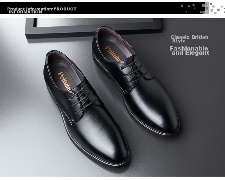 Poitulas Men's Lace-Up Business Casual Shoes, Korean-Style Trendy Soft Leather Wedding Formal Shoes for Men, 6633 Black, Size 38 5