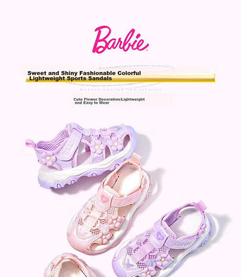 Barbie Children's Sandals, Summer Kids' Sandals with Small Floral Decoration, Closed-Toe Beach Sandals for Girls, DA5920, Light Purple, Size 28 1