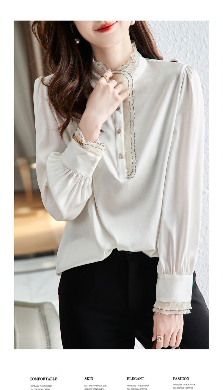 Dme [16 Mm Elastic Satin Mulberry Silk Blouse], Spring And Autumn Stand-Collar Puff Sleeve Women's Wear, Pure Silk Shirt for Wome 6