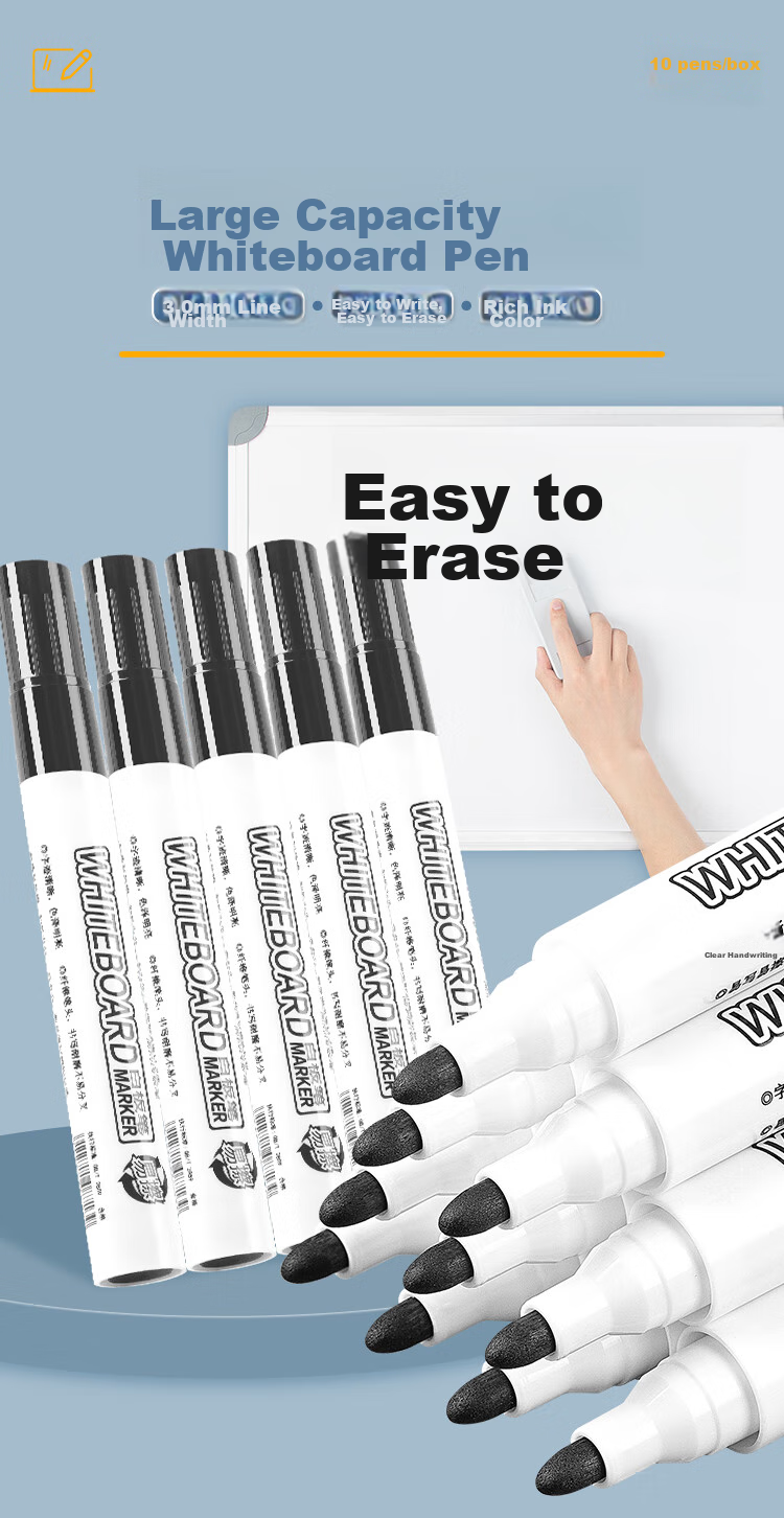 GuangBo Erasable Whiteboard Markers, Black, Thick Tip, Single-Tip Office Teaching Meeting Pens, Easy-To Oil-Based Pens, Office Supplies Stationery, 10 Pcs/box, BB8528D 1