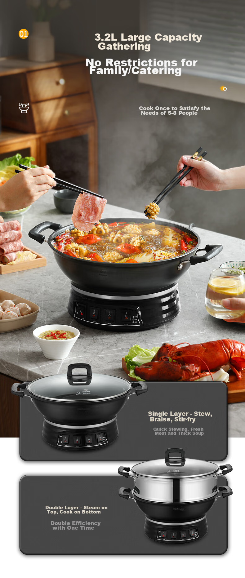 Royalstar Electric Wok, Steamer Pot, Cooking Pot, Shandong Pot, Household Cast Iron Stew And Steam Cooker, Non-Stick Pan, Multi-Functional Steamer for Buns, RDQJ3-34 Single Steamer Appliance 11