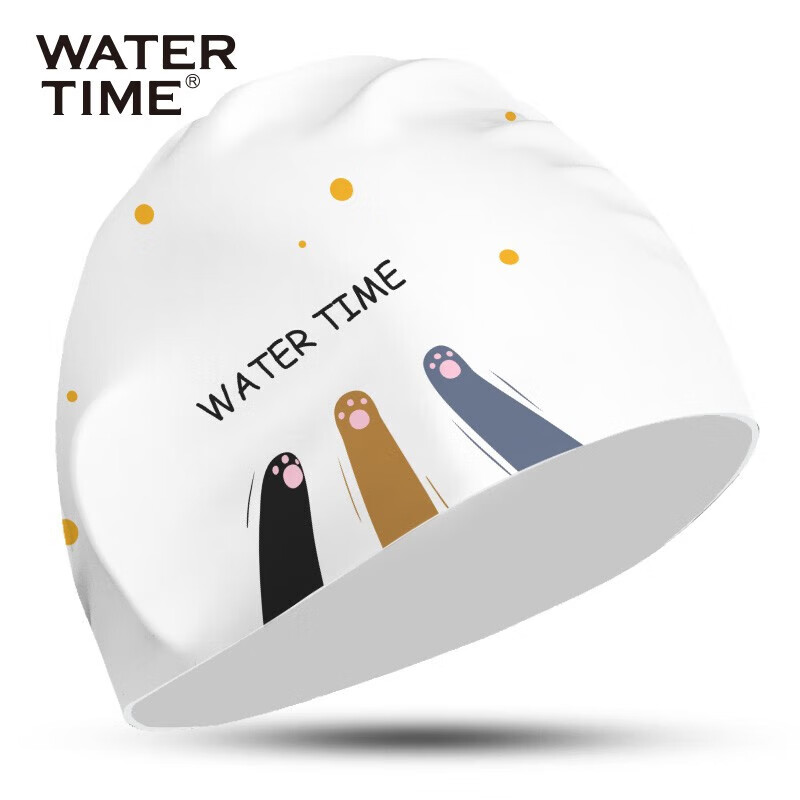 WATERTIME / Shuichuan Children's Swim Cap, Boys And Girls Waterproof Silicone Non-Binding Long Hair Ear Protection Swimming Cap, White Kitten Desig