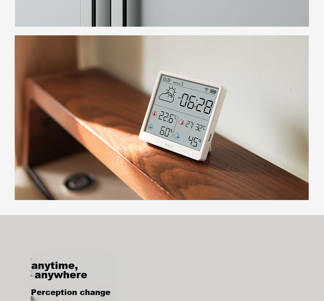 DUKA Indoor Thermometer And Hygrometer with Clock, WiFi Smart Home Digital Display Electronic Clock with Adhesive Stand TH3 Champagne Gold 14