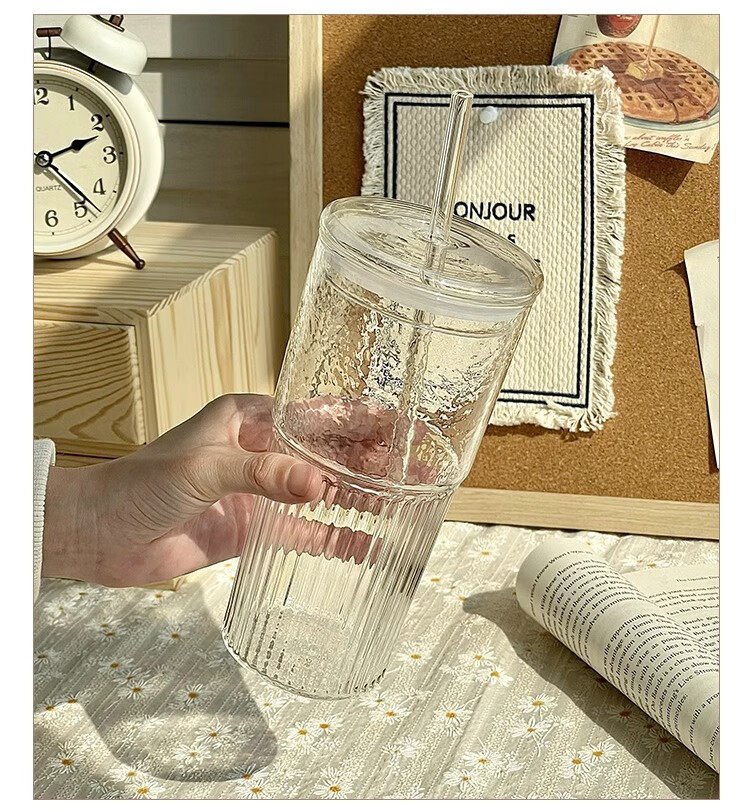 WEIMINGNUO Large Capacity Glass Cup with Lid And Straw, Coffee Mug, Glass Juice Cup, Office Water Bottle, Beverage Cup, Tea Cup 8