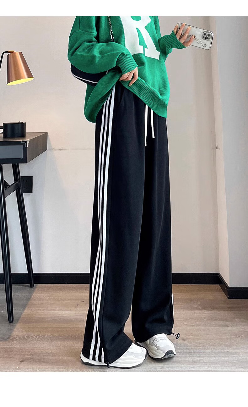 LangSha Women's Leggings with Two-Way Wear, Straight-Leg Three-Stripe Cotton Pants, Autumn Outer Wear, Sports Pants with Elastic Cuffs, Loose High-Waist Drawstring Sweatpants 28