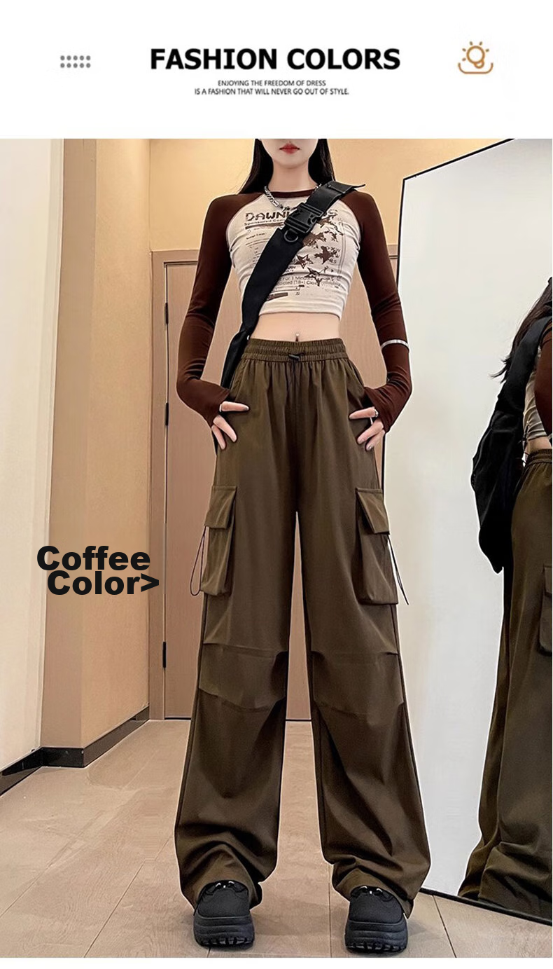 LangSha American-Style Parachute Cargo Pants for Women, Summer Ice Silk High-Waist Wide-Leg Loose Casual Quick-Dry Outdoor Sports Pants for Wome 38