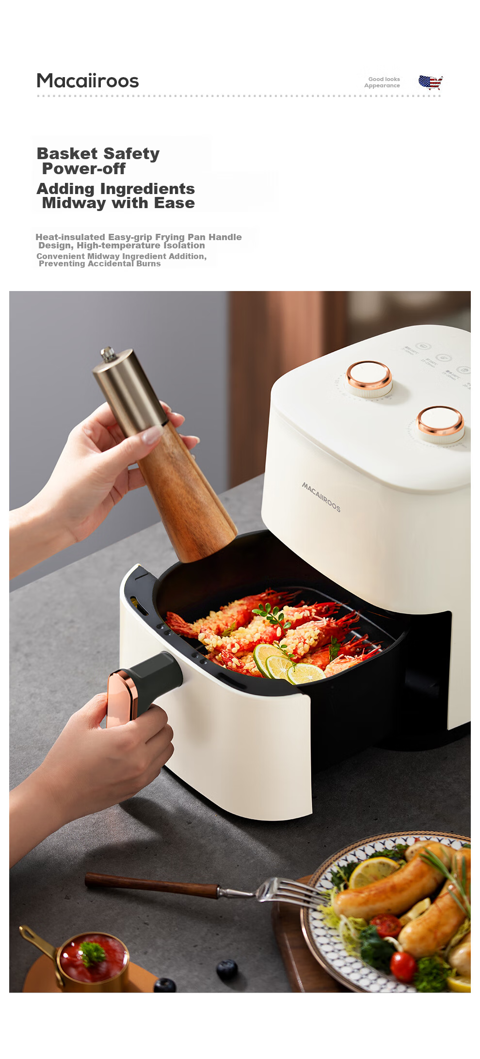 Macaiiroos Air Fryer 6L Large Capacity Home Use Steam Fryer with Visible Window Touchscreen Smart Timer Multifunction Oil-Free Low-Fat High-Power Non-Stick Fryer 8