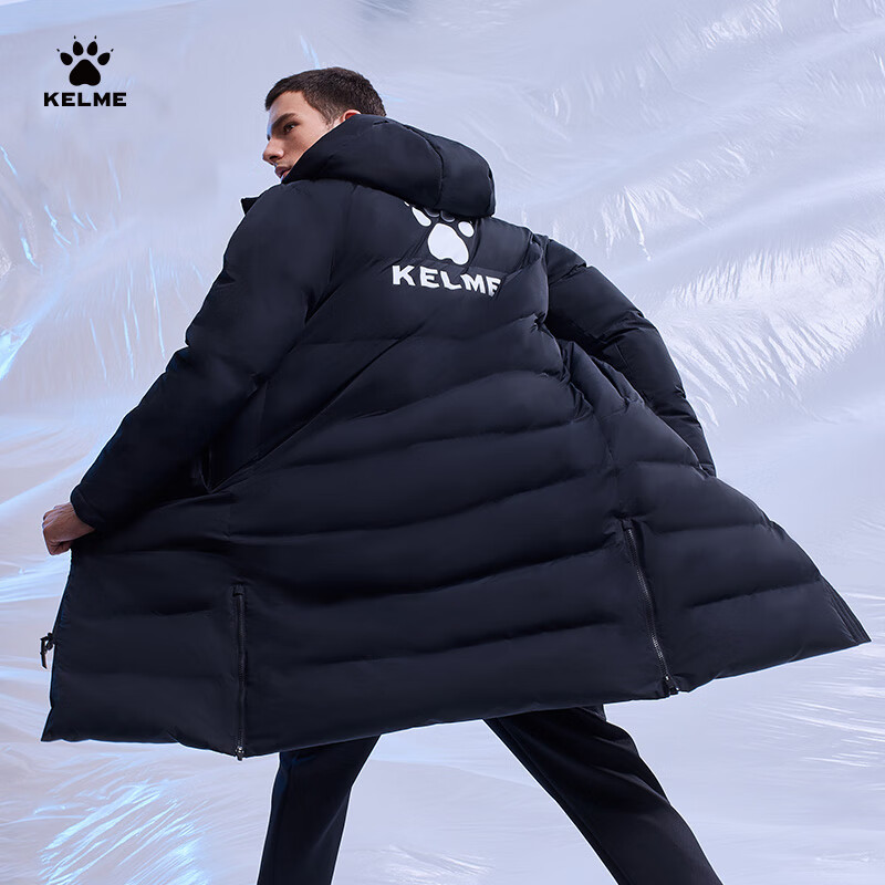 KELME Long Hooded Cotton Jacket for Men, Winter Over-Knee Warm Life Training Coat Windbreaker, Black, M