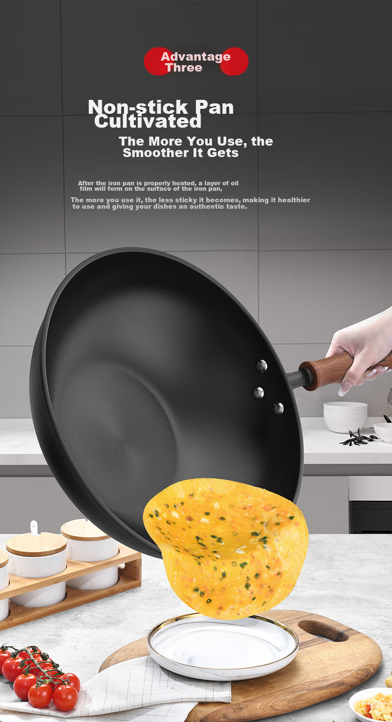 KOBACH Iron Wok without Coating, Large Capacity Stir-Fry Pan for Home Use, 34cm, Compatible with Induction And Gas Stoves 4