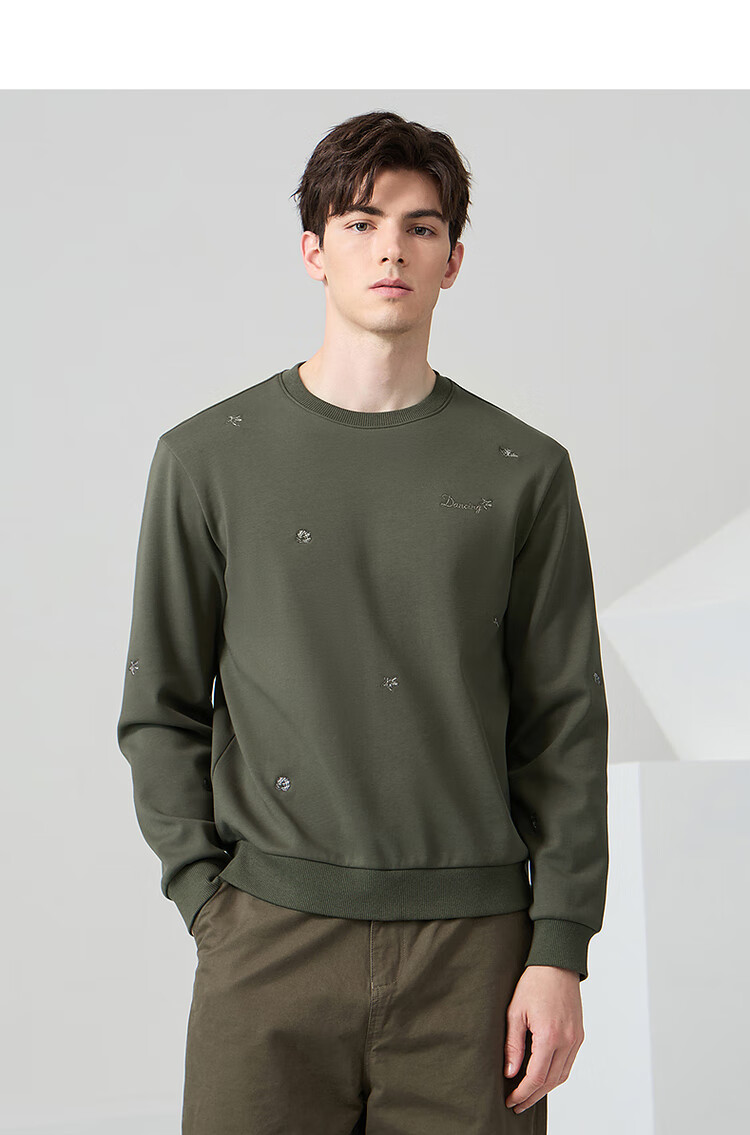 Dancing with Wolves [Fleece Lined Warmth] Autumn Winter Embroidered Round Neck Thickened Men's Sweatshirt 001 Black 175 14