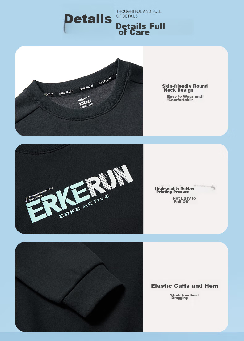 ERKE Children's Unisex Long T-Shirt, Kids' New Autumn 2024 Casual Hoodie, Black, Size 170 21