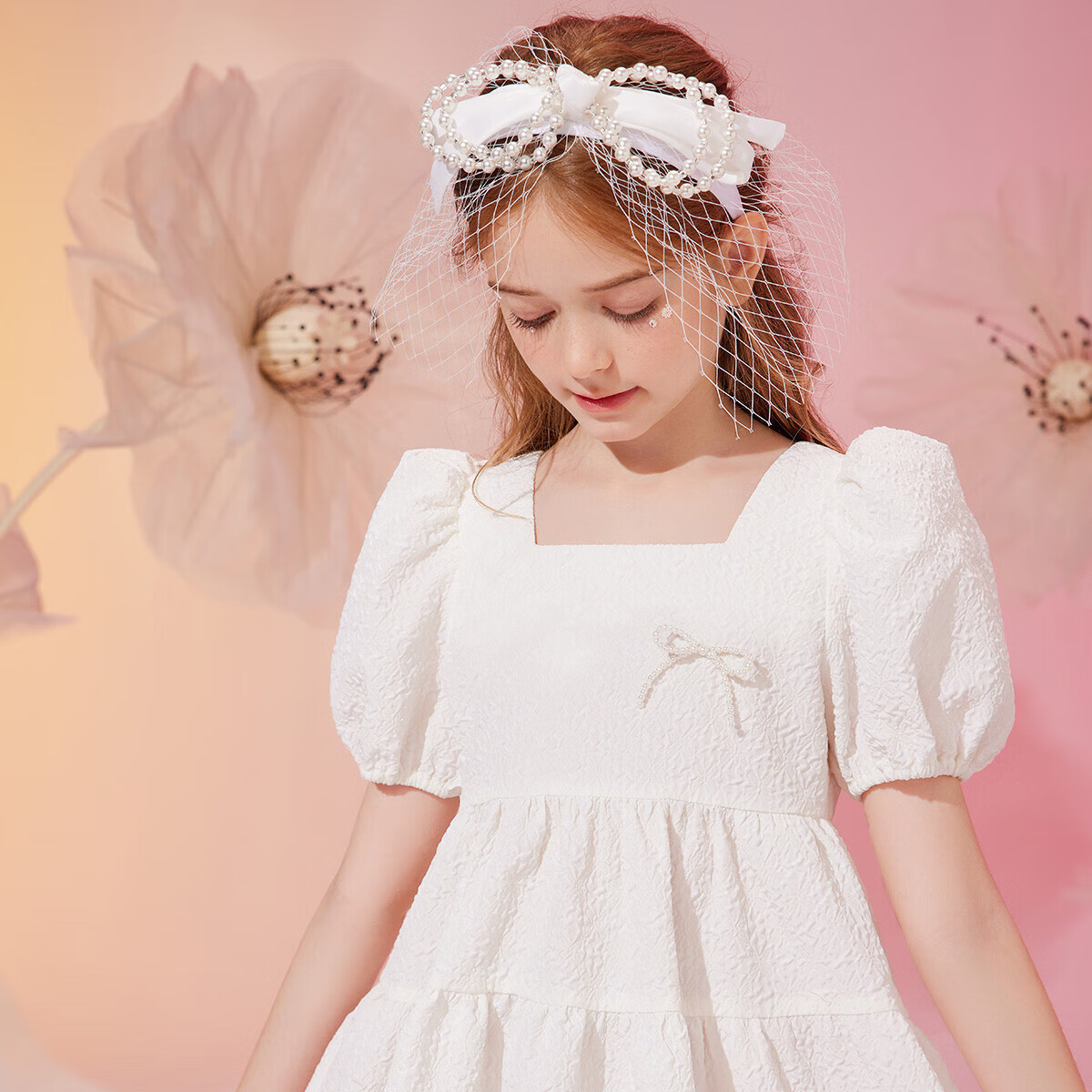 ASK JUNIOR Girls' Summer Dress with Puff Sleeves, Princess Style, Beach Vacation-Inspired White Dress