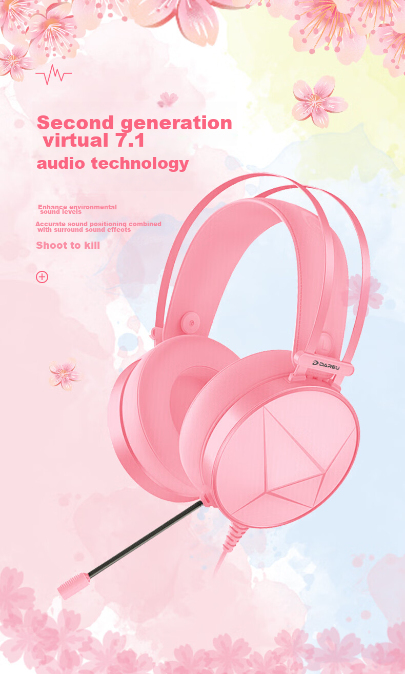 DAREU EH722RGB Edition Gaming E-Sports Noise-Cancelling Headset Wired Over-Ear with Microphone for PC 7.1 Channel Sound Positioning for PUBG And Other Games Pink And White 1