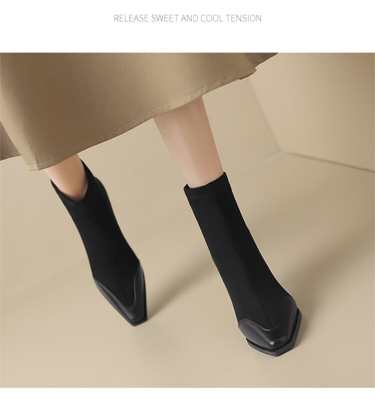 ZHR High Heel Ankle Boots for Women, Elegant Thin Heel Fleece-Lined Boots, Versatile Square-Toe Commuter Boots Y1007A Black Size 38 6