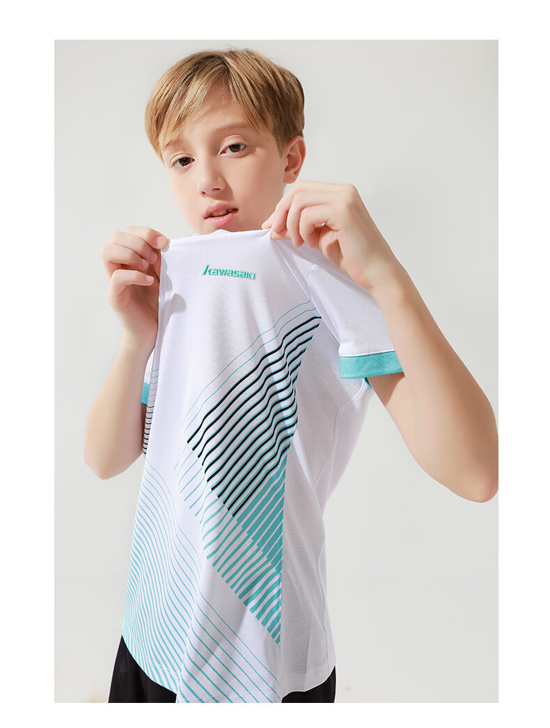 KAWASAKI Badminton Outfit Set for Children And Teenagers, Sports Quick-Dry Short-Sleeve T-Shirt Training Wear A4806 White And Black 160 8
