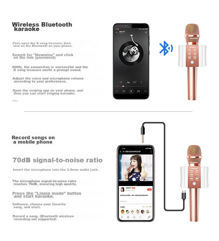 Newmine MC10 Wireless Microphone Karaoke Microphone with Built-In Sound Card, Audio Recording Mic, Little Bee Amplifier, Lectern, Bluetooth Singing Entertainment Device, Rose Gold 20