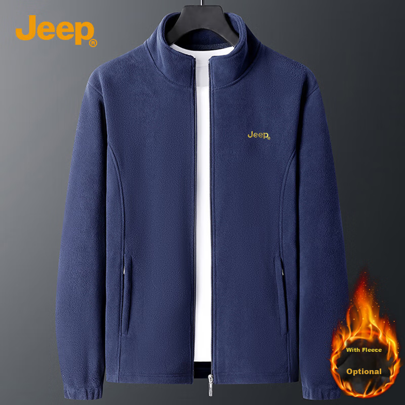 JEEP Men's Jacket, Trendy And Simple Stand-Up Collar Fleece Coat with Embroidery, Men's Fleece Outerwear 085 Blue XL