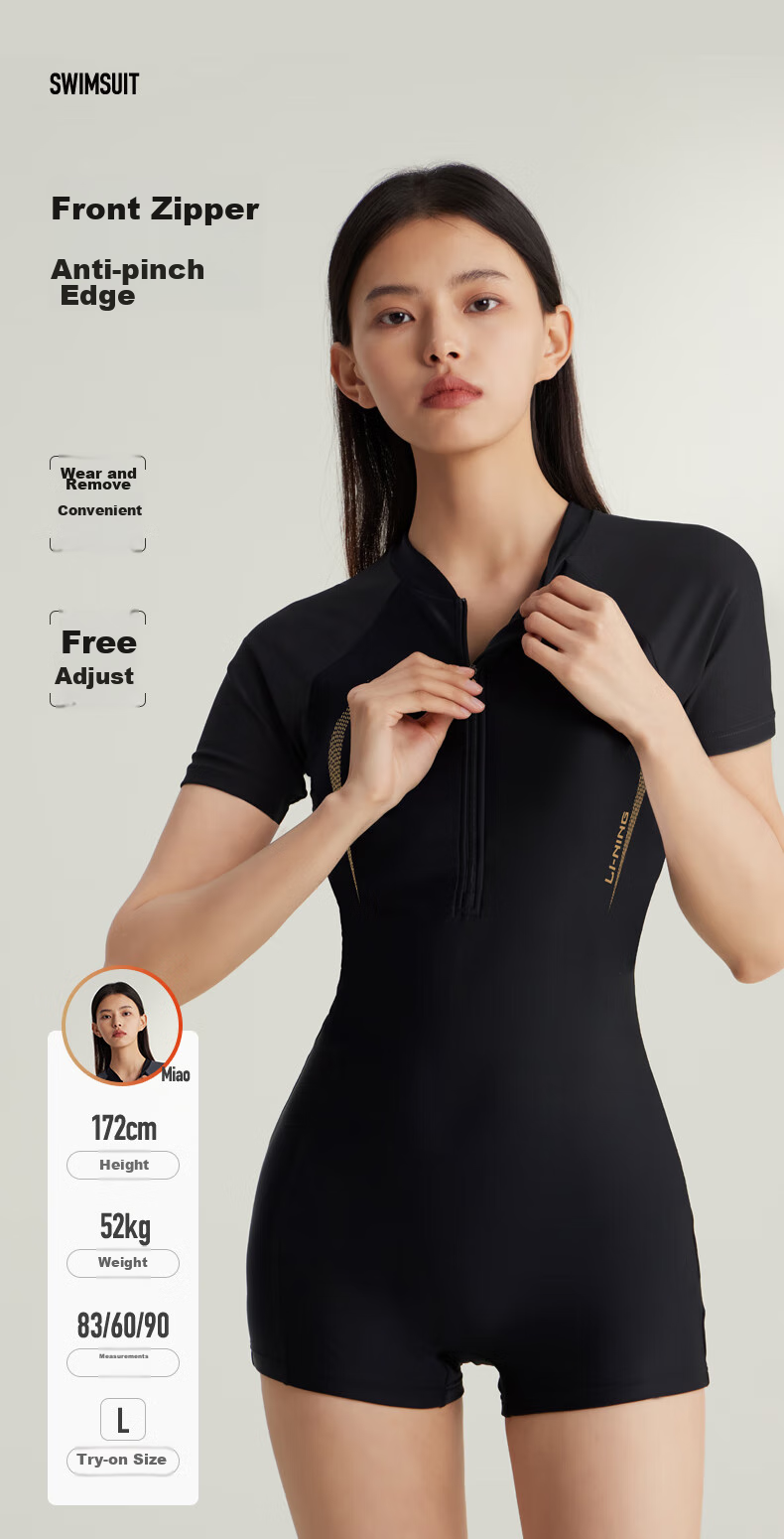 Li-Ning One-Piece Swimsuit for Women, Square-Leg Swimming Costume, Professional Athletic Conservative Slimming Hot Spring Swimwear, 7561 Black Gold XXXL 9