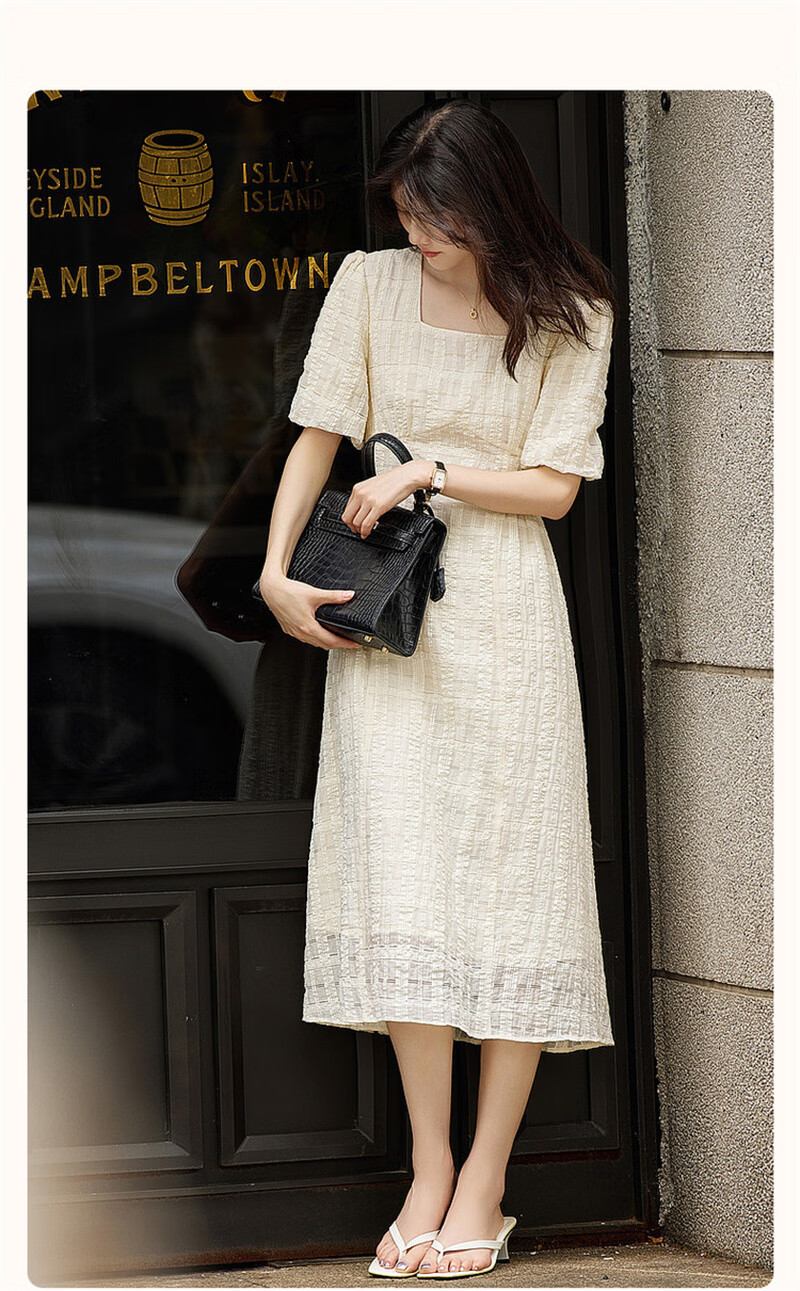 Dme [Commuter Cotton Bright Silk Umbrella Skirt], Summer Style Square Neck Waist-Cinching Puff Sleeve Dress, Long Women's Dress 3
