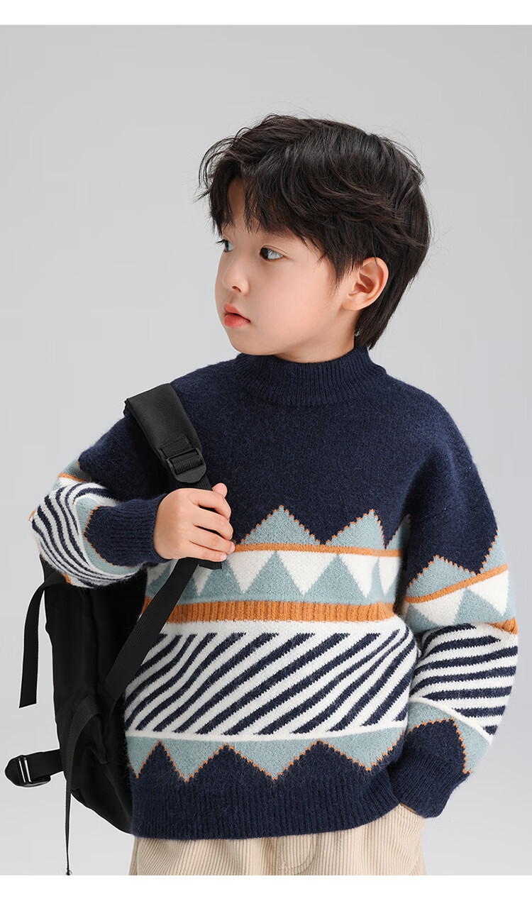 Zuoxi Boys' Sweater, Children's Thickened Autumn And Winter 2025 New Style, Boys' Knitted Sweater, Winter Pullover, Navy Blue, Size 160 12