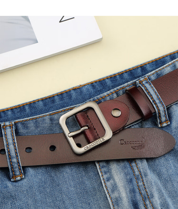 CROCODILE Women's Versatile Leather Belt, Trendy Waistband, Fashionable Vintage Pin Buckle Belt, 34MME2887, Brow 3