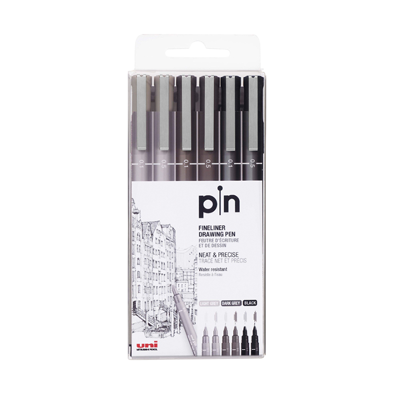 Uni Mitsubishi Water-Based Drawing Needle Tip Pen, PIN-200 Art Comic Design Outlining Pen, Black/dark Gray/light Gray, 6-Piece Set of 2