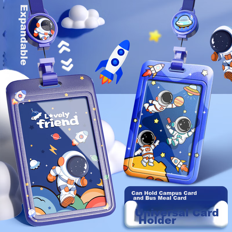 Jinzhi 2-Pack Astronaut Card Holder, Elementary School Student Bus Pass Pouch, Campus Card Access Control Card, Citizen Meal Card Anti-Loss Pickup Chest Card, Kindergarten Retractable School Badge with Lanyard Neck Strap Chest Card