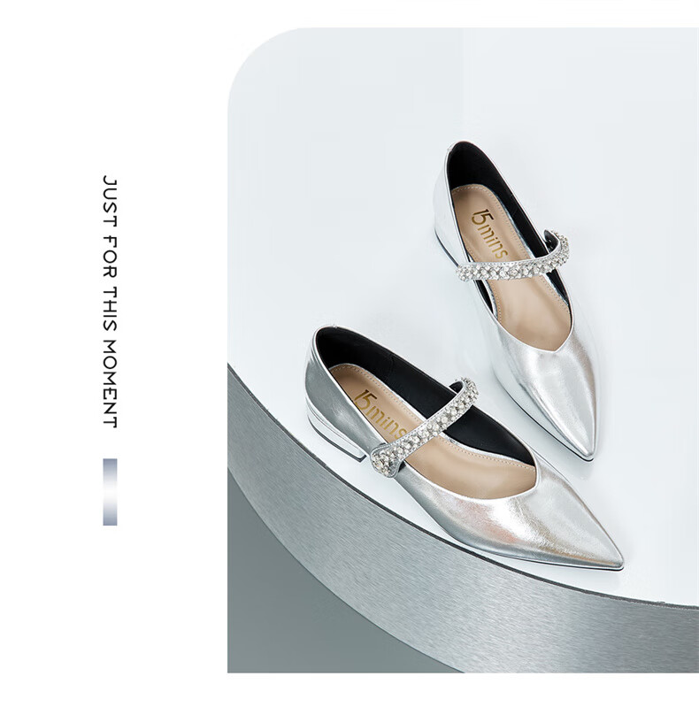 15MINS Pointed Toe Low-Cut Women's Pumps with Chunky Heel, Elegant Leather Shoes, French-Style Professional Work Shoes for Women, Silver, Size 35 16