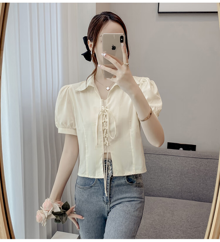 JEANSWEST Women's Summer 2025 Loose Puff Sleeve Short Sleeve Crop Shirt White L 14