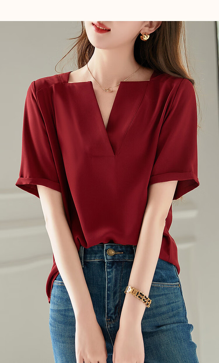 Dme [Work Outfit] Summer New French Elegant V-Neck Shirt, Skin-Friendly Cool Smooth Slimming Blouse, Women's Top 15