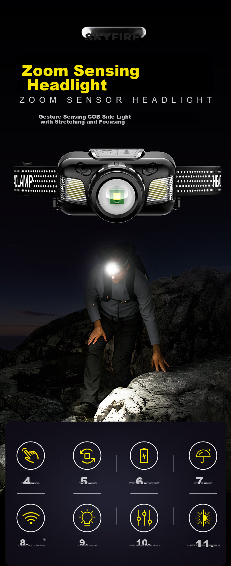 SkyFire Headlamp with High Brightness, Long Battery Life, Lithium Battery, Ultra-Bright, Waterproof, Motion-Sensing, Mining Light, Fishing, Military Flashlight Special 1