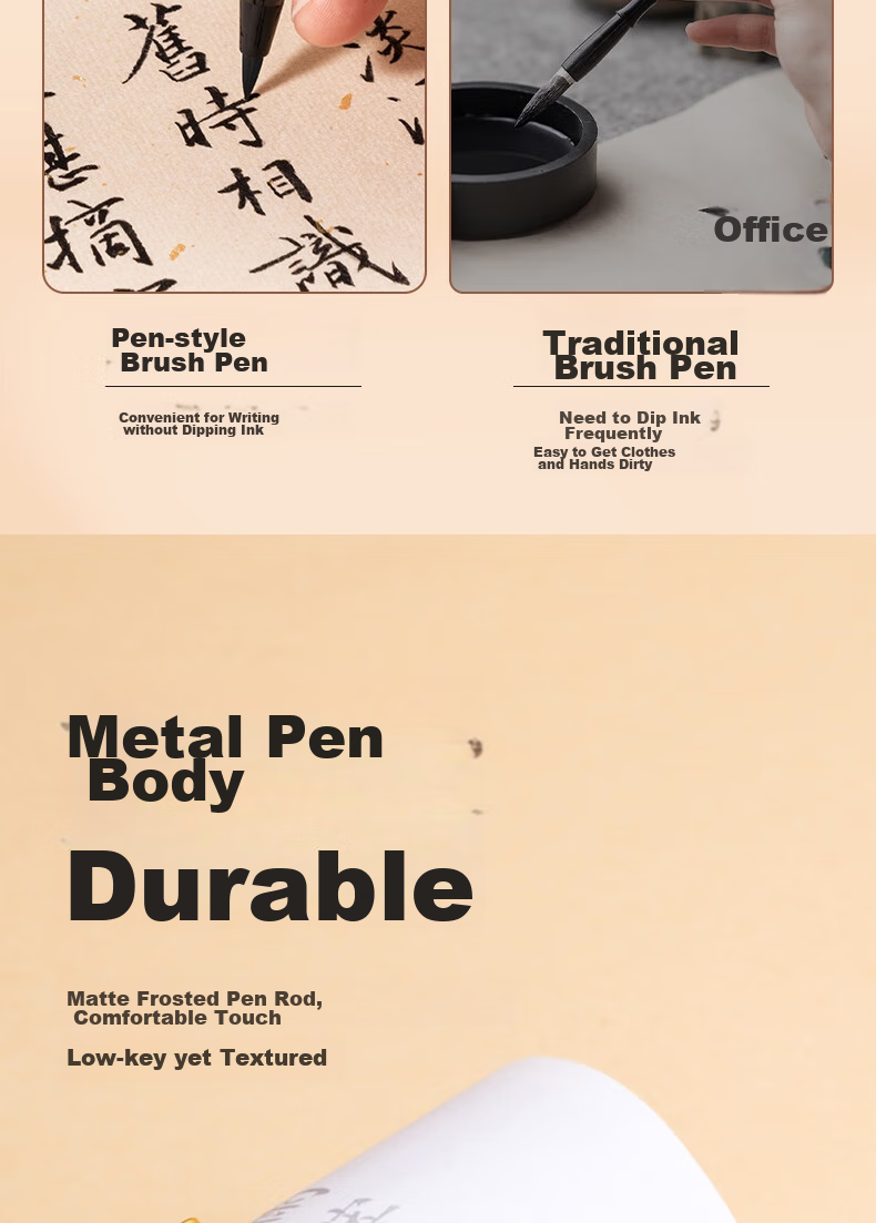 Deli Fountain Pen-Style Brush Pen, Soft Calligraphy Practice Pen for Small Regular Script, Refillable Ink, Adult Beginner Student Calligraphy Copybook Practice Pen with Soft Wolf Hair Tip, Portable Sutra Writing Pen for Business, Black And Gold 3