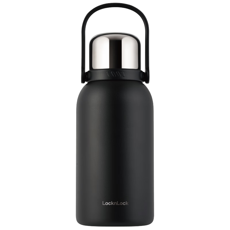 LOCK&LOCK Large Capacity Stainless Steel Thermos Flask for Hot And Cold Water, Outdoor Travel Sports Water Bottle with Handle, 1.3L Black
