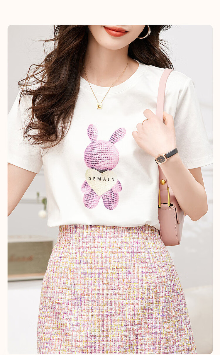 Dme [Fairy Tale Town], Xiayunduo Pure Cotton Rabbit Print, Rhinestone Short-Sleeve T-Shirt for Women, Comfortable And Flattering Women's Tee 2