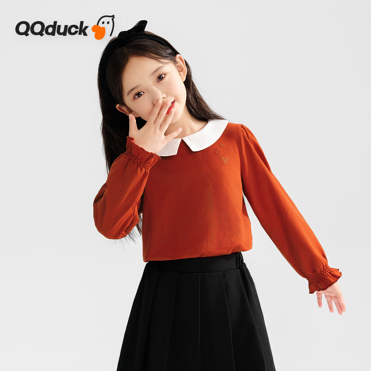 QQ DUCK Children's Clothing, Girls' Red Shirt, Peter Pan Collar Blouse, Youth Inner Wear, Performance Costume; 165