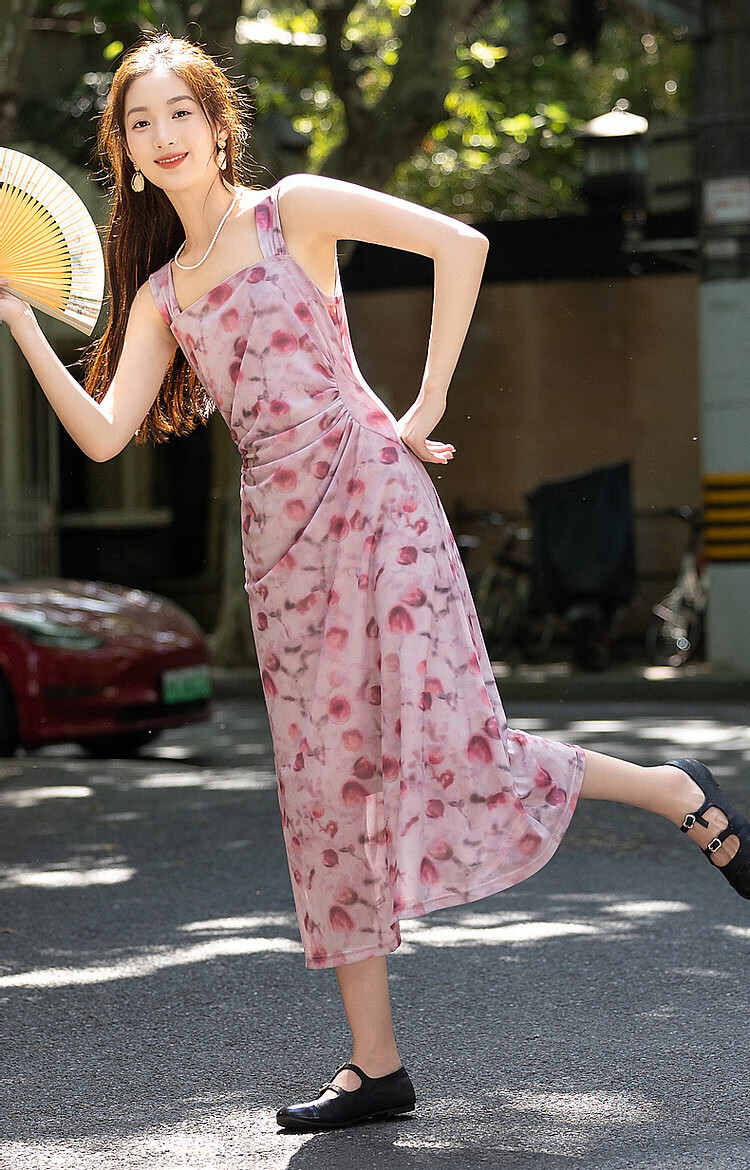 Dme [Xiao Xing Gan Da Ji Skirt] Summer Sleeveless Pleated Mesh Printed Tank Top Skirt, Waist-Cinching A-Line Dress 9