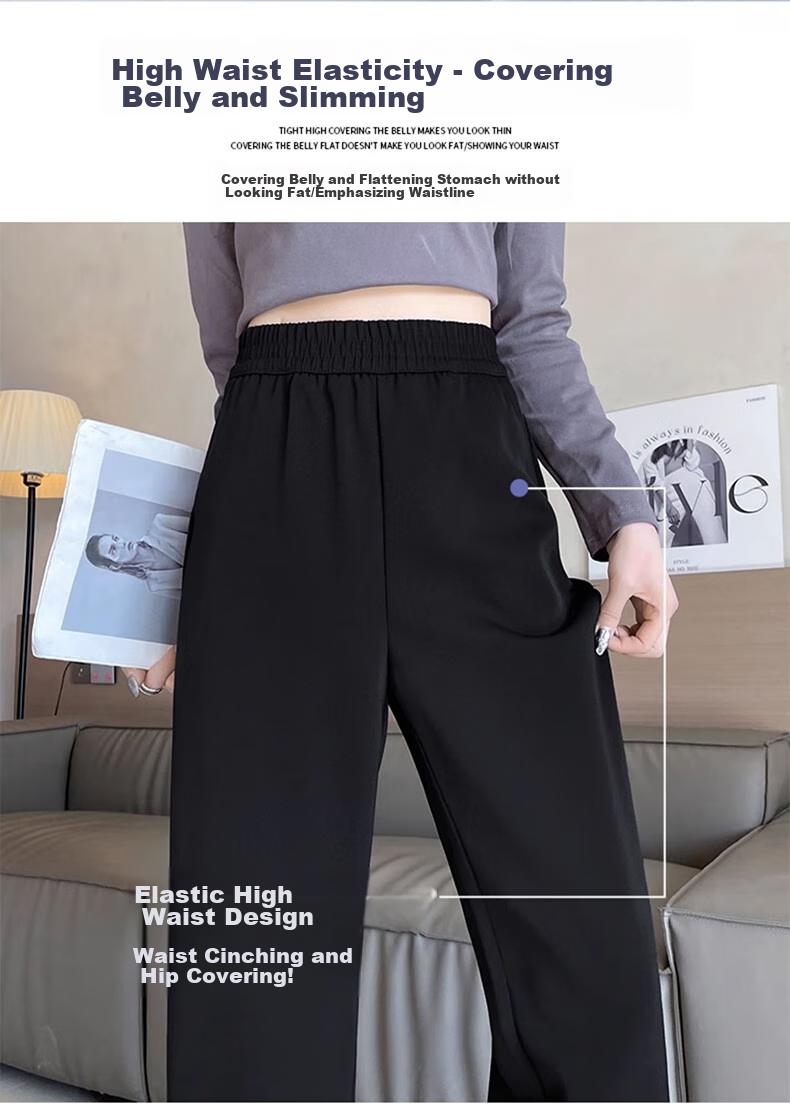LangSha Black Straight-Leg Dress Pants, Summer Ice Silk Draping High-Waist Wide-Leg Pants for Women, Loose-Fitting Slimming Casual Trousers 5