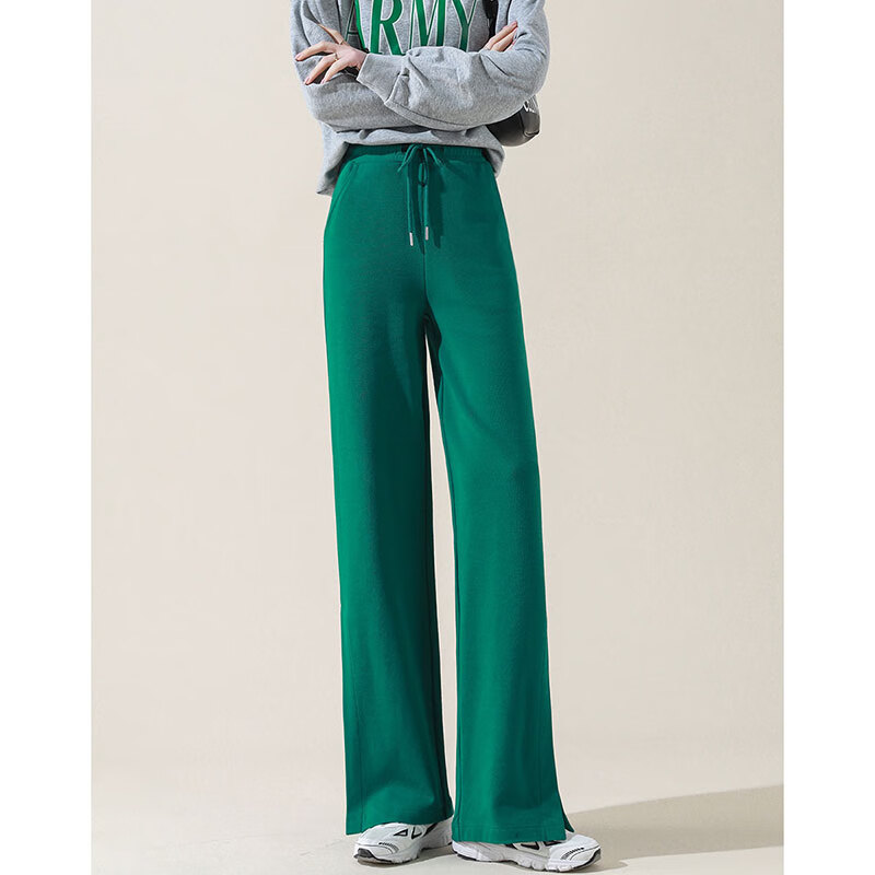 Dme [Knitted Pants] Spring And Autumn Commuter Women's Trousers with Drawstring Elastic Waist Straight Casual Wide-Leg Pants for Wome