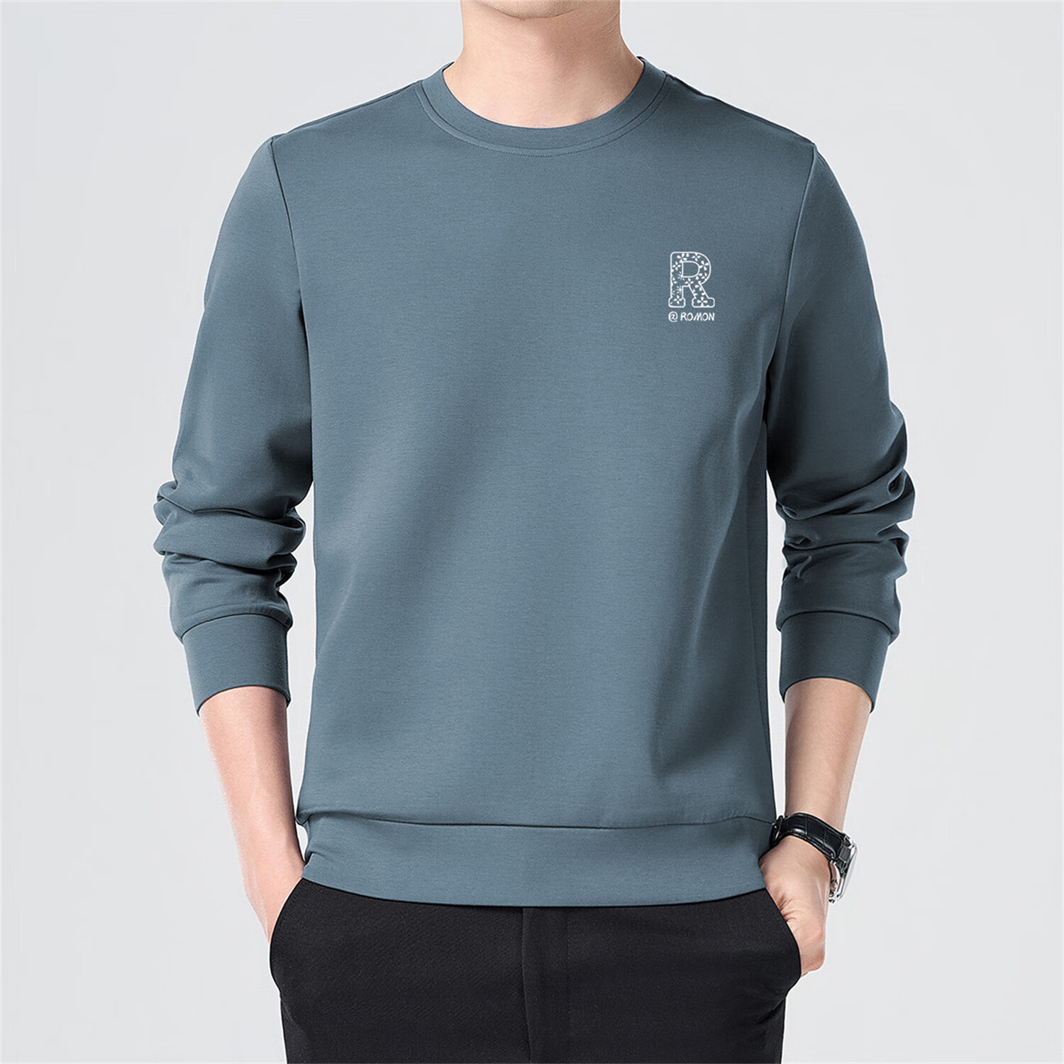 ROMON Men's Sweatshirt Spring Autumn Casual Simple Loose Pullover Crew Neck Long Sleeve T-Shirt Base Layer Jacket WY02 Navy Blue L 11