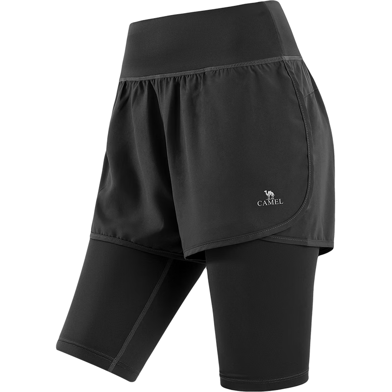 CAMEL Faux Two-Piece Quick-Dry Women's Sports Pants, Elastic Running Fitness Shorts, Y24BA4L0037M, Phantom Black, M