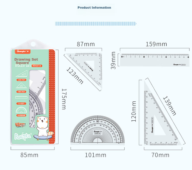 GuangBo Student Stationery Drawing And Exam Ruler Set Minimalist Style (Straight Ruler + Two Triangle Rulers + Protractor) Combination Pack H05323 4