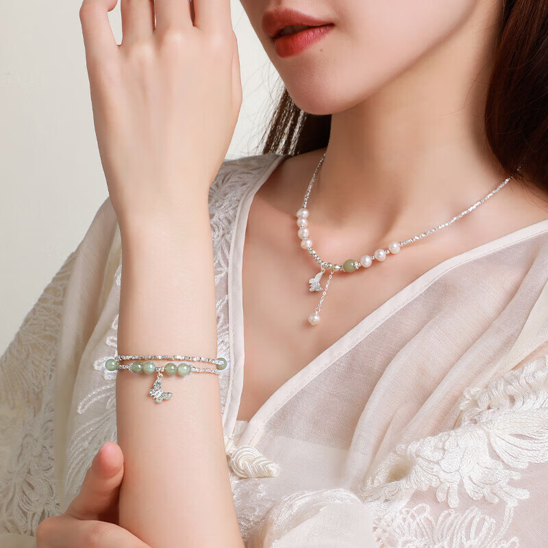 CHOW TAI SENG New Year Gift Silver Butterfly Bracelet Women Niche Chinese Style Hetian Jade Mint Mambo Gift for Wife
