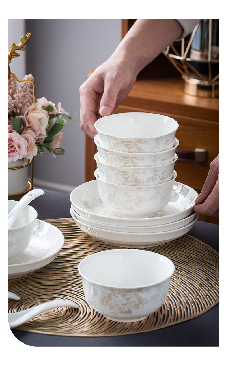 Taoxianghui Jingdezhen High-Quality White Porcelain Jade Clay High-Temperature Tableware Bowls Plates Spoons Chopsticks Ceramic Bowls And Dishes for Home Use, 14-Piece Gift Dinnerware Set 11